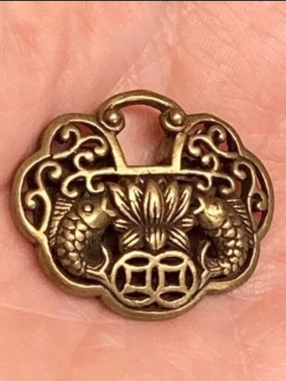 RARE Antique PRE 1800 Chinese Pure Brass Old Bronze Fish Amulet Pendant